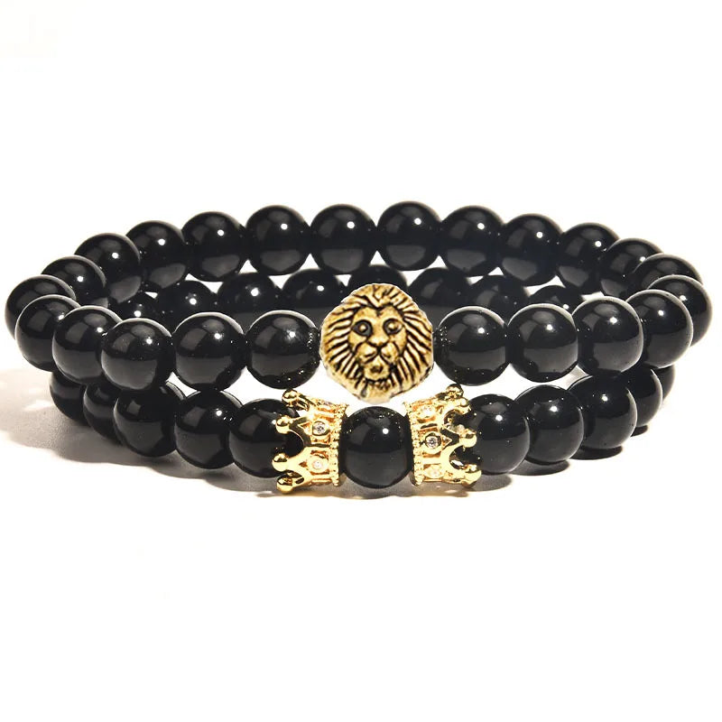 Hot Selling Men's Bracelet Lion Head and Crown Bracelet 8mm Black Onyx
