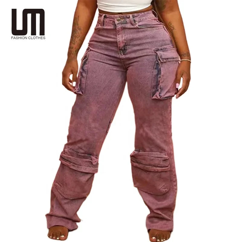 Liu Ming Clearance Sales Fashion Streetwear Women Casual Pocket Slim Straight Leg Cargo Pants Jeans Trousers