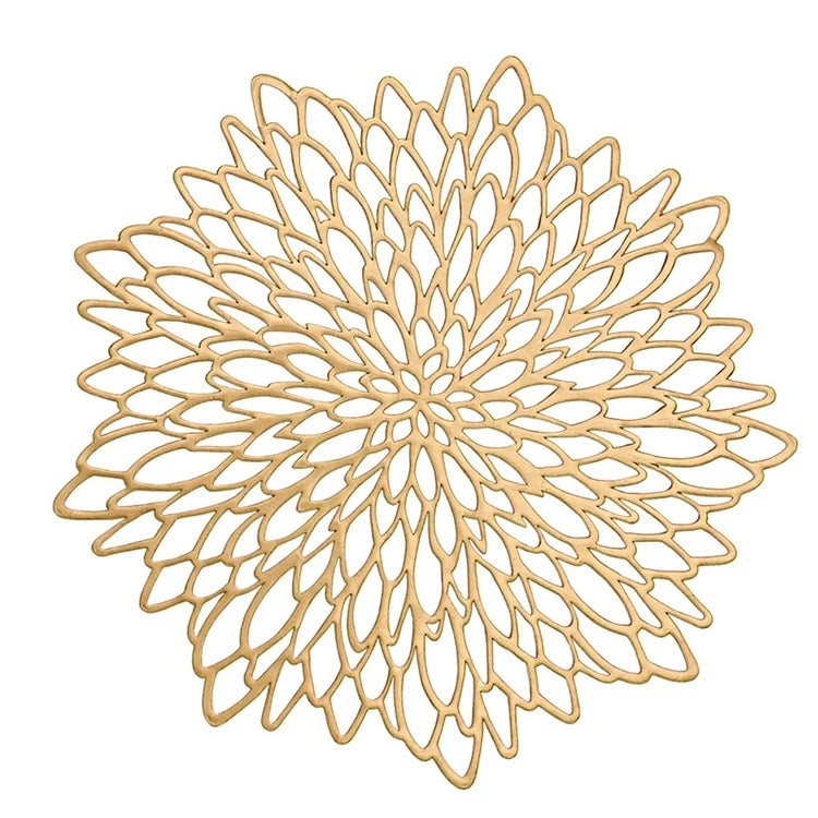 Luxury Centerpiece Metallic PVC Decorative Gold Silver Dinning Table Mat Home Gold Flower Vinyl Round Placemat for Wedding Hotel