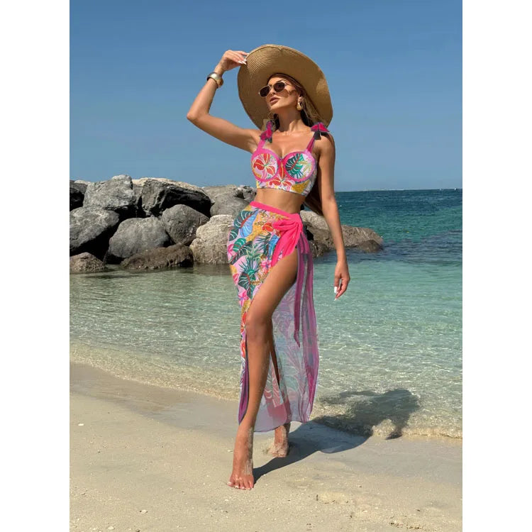 Factory Wholesale Tropical Printed Bikini Sexy Floral Printed Mesh Beach Skirt Swimsuit Push up Bikini