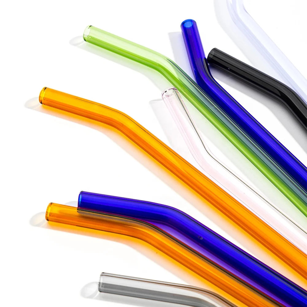 High Borosilicate Glass Straws Set Reusable Eco-Friendly Colored Bent Straw with Brush for Cold/Hot Drinks