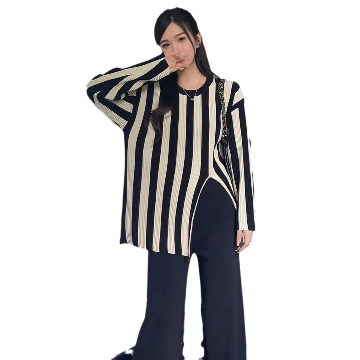 Wholesale 2026 Autumn Temperament Celebrity Knitted Irregular Stripe Top Casual Wide Leg Pants Women's Set