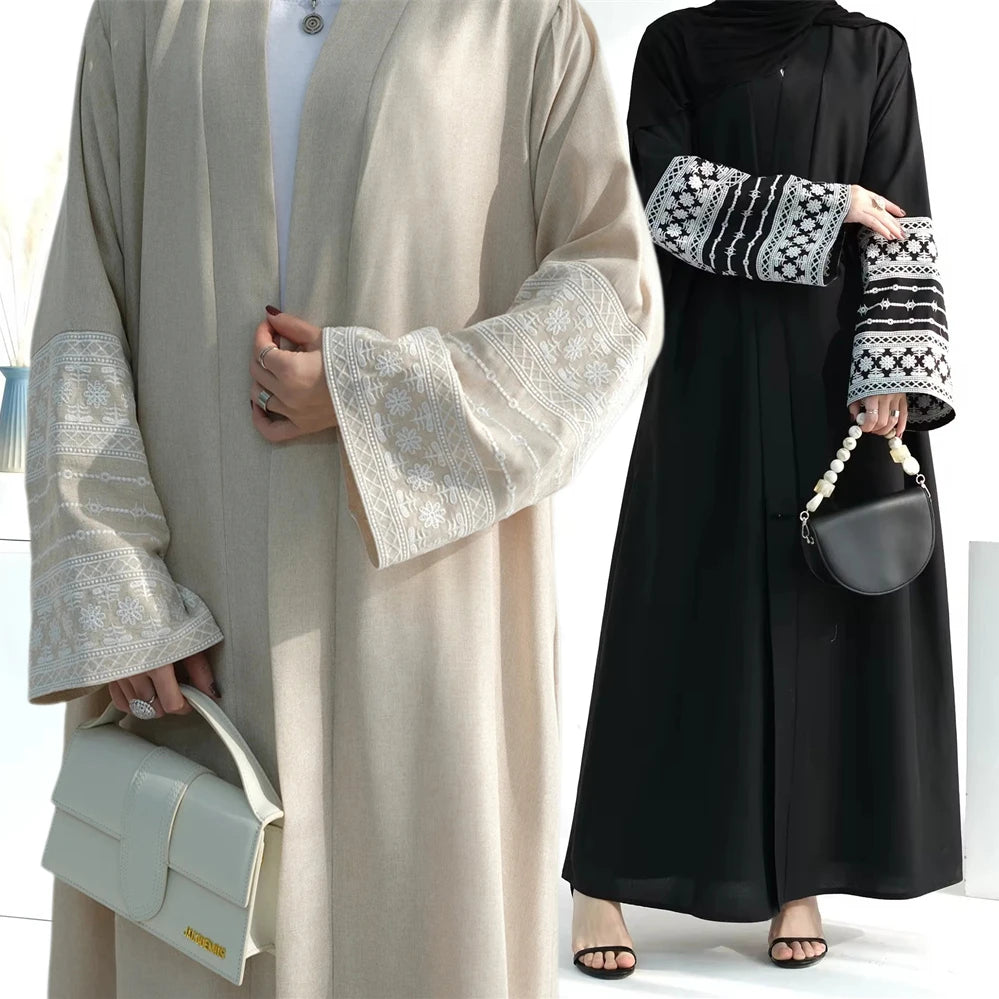 Embroidery Linen Abaya Polyester Modest Islamic Clothing EID Ramadan Kimono Natural Breathable Cardigan Flower Abaya