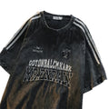 Vintage Casual Acid Washed T-Shirt for Men Black Embroidery Striped Woven Fabric Short Sleeve O-Neck Letter Pattern Eco-Friendly
