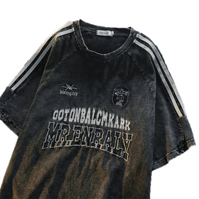 Vintage Casual Acid Washed T-Shirt for Men Black Embroidery Striped Woven Fabric Short Sleeve O-Neck Letter Pattern Eco-Friendly