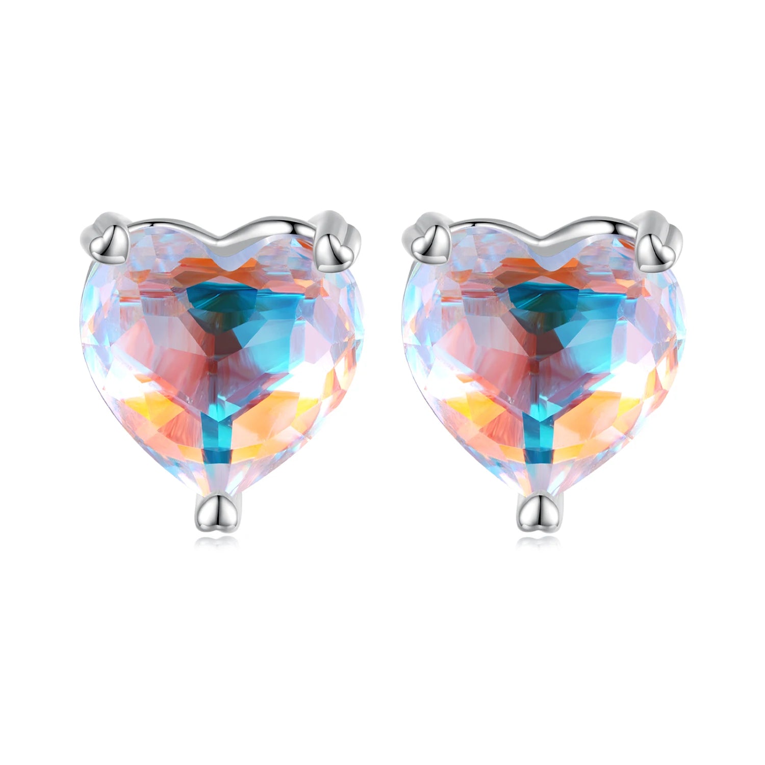 925 Sterling Silver Rainbow Heart Stud Earrings with Lovely Colorful CZ Perfect Wedding Jewelry Gift for Women and Girls-BSE713