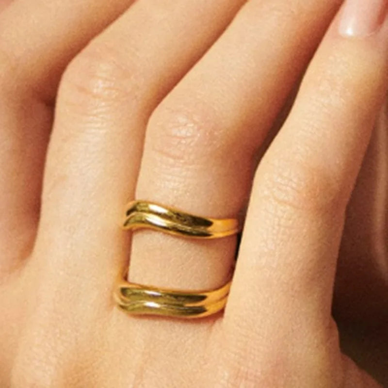 Tarnish Free High End 18K Gold Plated Double Cambered Bend Abstraction Rings for Women Stainless Steel Jewelry