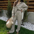 Enyami Cotton Women Elegant Outfit Stripe Long Sleeve Casual Loose Oversized Button Shirt High Waist Wide Leg Pants 2 Piece Set