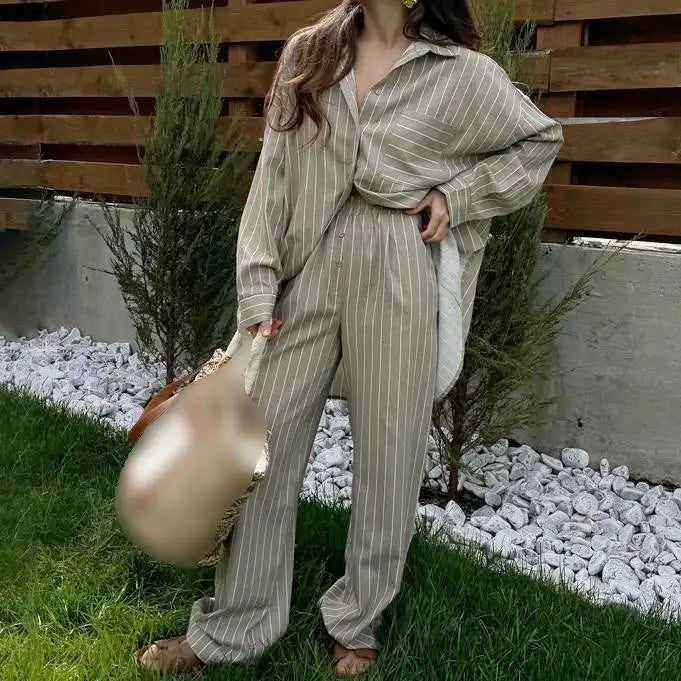 Enyami Cotton Women Elegant Outfit Stripe Long Sleeve Casual Loose Oversized Button Shirt High Waist Wide Leg Pants 2 Piece Set