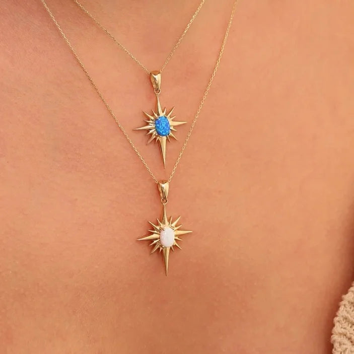Natural Opal Jewelry Vintage Art Six Manged Star Opal Pendant Necklace 18K Gold Waterproof Stainless Stain Necklace HOT Sale