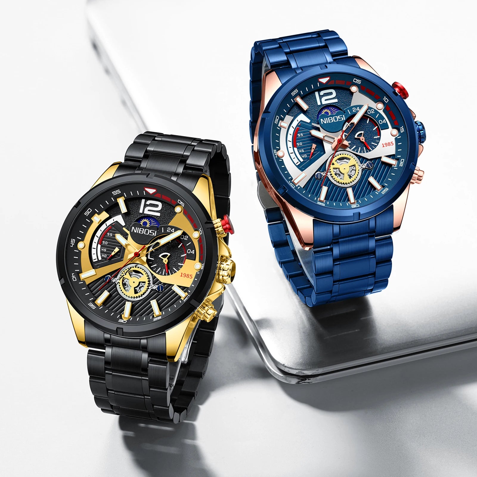 NIBOSI 2591 Multifunctional Design Men Watch Luminous Hands Quartz Watch Stainless Steel Band Wristwatch