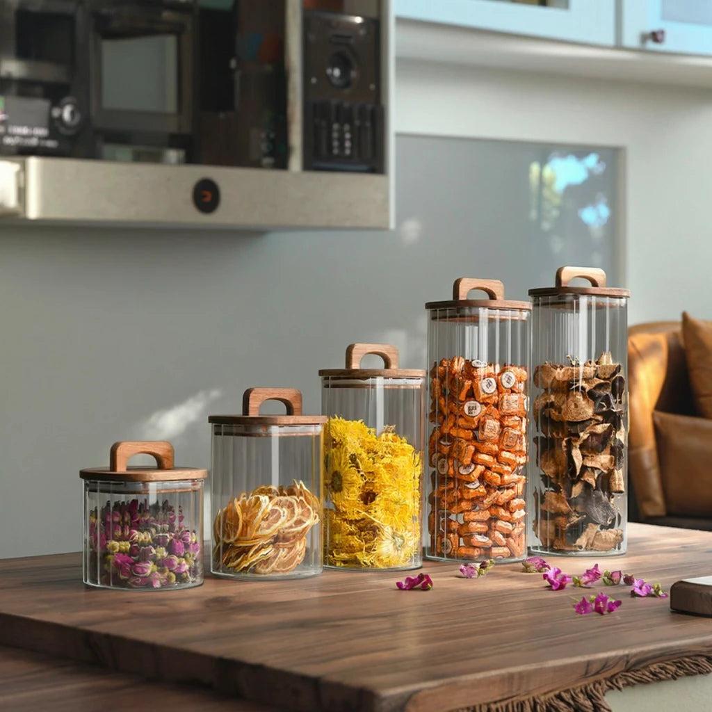OEM ODM High Borosilicate Glass Eco-Friendly 0.5-1L Rectangle Storage Jar Food Acacia Wooden Lid Kitchen Sealed Stripe Cover