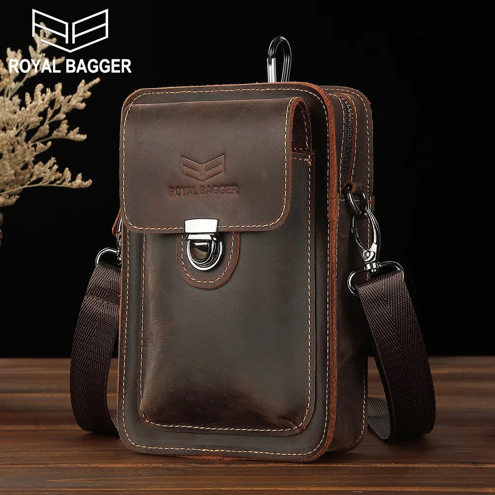 Royal Bagger Waist Pack for Men Crazy Horse Leather Male Small Shoulder Sling Bag Genuine Leather Phone Pocket Belt Bags Retro