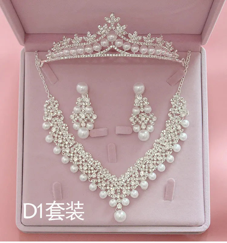 HCT0088 Wholesale Bridal Rhinestones Crown Necklace Earrings Set Wedding Pearls Crown Jewelry Set