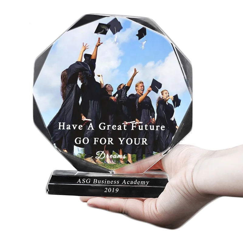 Custom Made Octagon Shape Crystal Award Photo Frame Glass Plaque Trophy for Graduation or Business Gift TRP-11