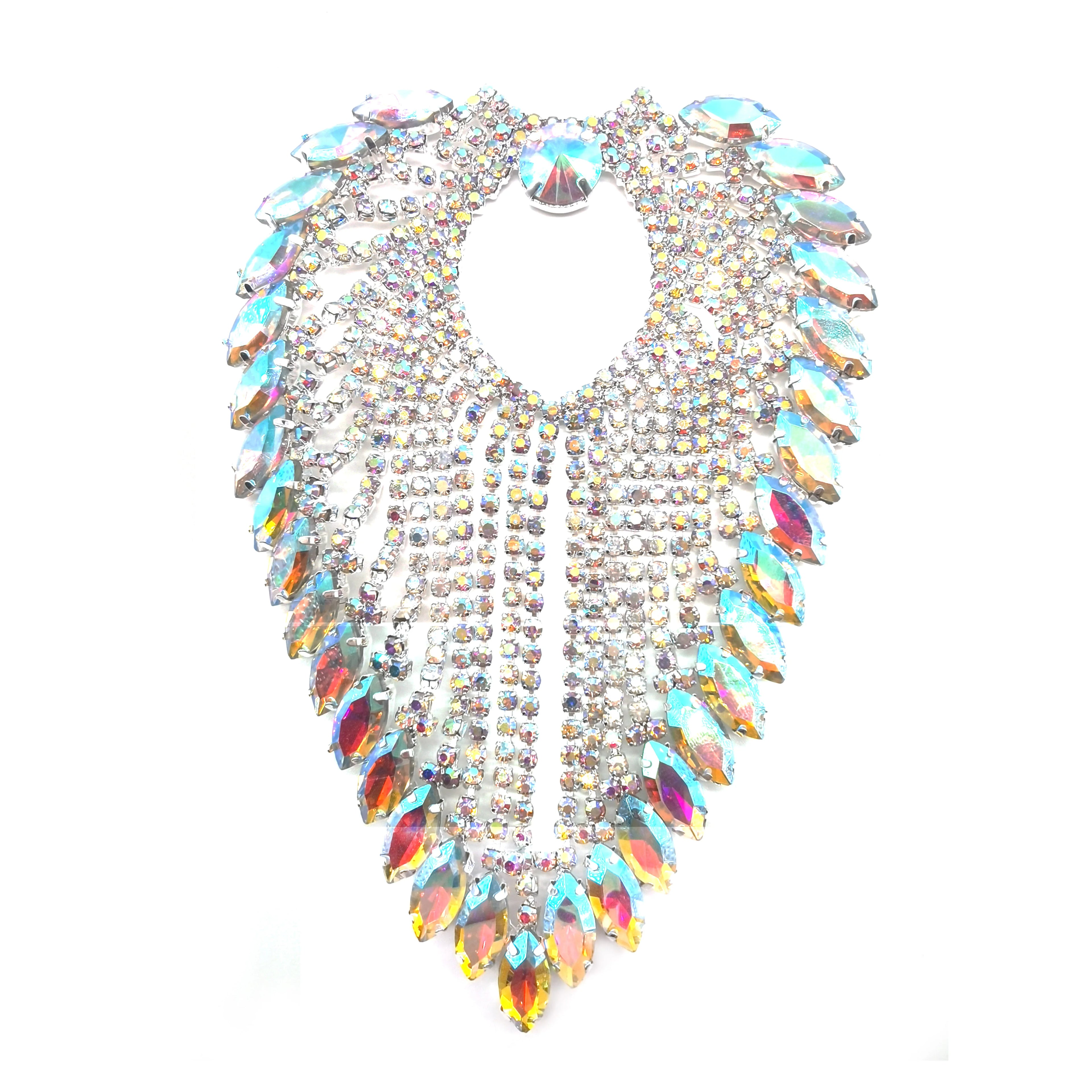 Silver Metal Crystal AB Rhinestone Applique Rhinestone Embellishments Sew on Decorative Applique for Dress