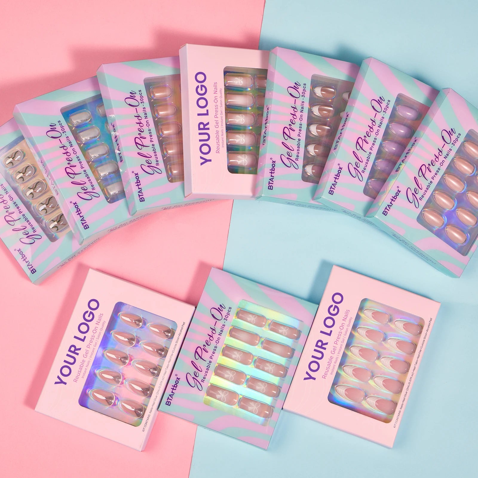 BTArtbox 30pcs Custom Logo Short Almond Handmade Nails Wholesale Fake Artificial Nails Soft Gels French Tip Press on Nails