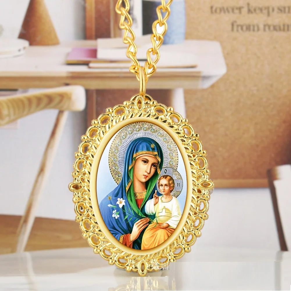 Gold Alloy Oval Madonna and Jesus DIY Patch Quartz Pocket Watch Ornaments Pendant with Chain Necklace Gift