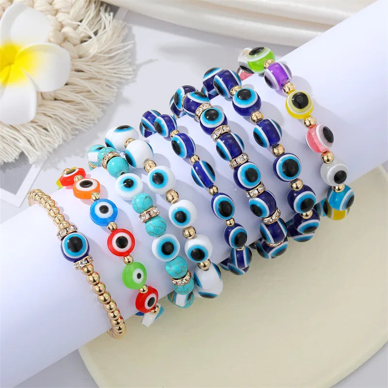 Europe Vintage Rhinestone Demon Eye Bracelet Unisex Colorful Acrylic Evil Eyes Beads Bracelet for Women