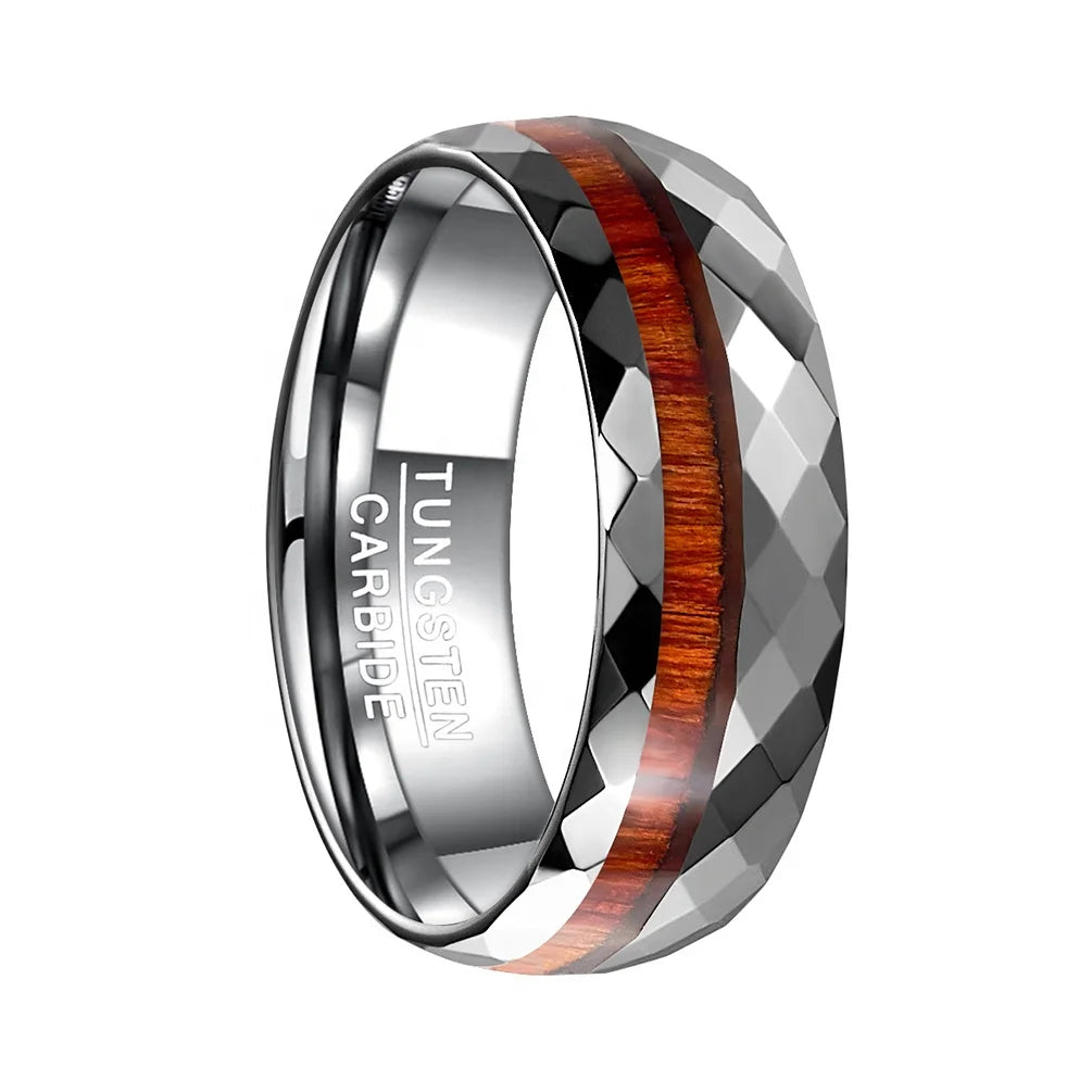 Alin Jewelry 8mm Hawaiian Koa Wood Inlay Silver Faceted Tungsten Carbide Rings Men's Wedding Bands