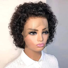 Human Hair Wig Pixie Cut Curly Short Bob Wig 13*1 Lace Frontal Wig Natural Black for Black Women