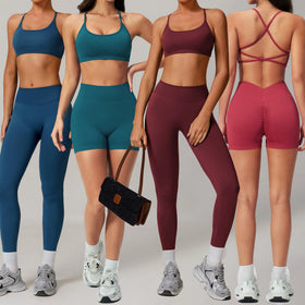 YIYI Seamless Cross Backless Shockproof Sports Bra Athletic Suits Ladies Scrunch Butt V Waist Leggings Short Gym Wear Women Sets