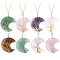Tree of Life Crescent Moon Necklace Copper Wire Wrap Natural Gemstones Pendant Healing Stones Moon Crystal Necklace for Women