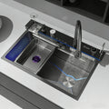 Stainless Steel Waterfall Kitchen Sink Golden Large Single Slot Integrated Digital Display Faucet Set Soap Dispenser Cup Washer