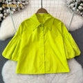 Clothing Wholesale Women 2024 New Fashion POLO Collar High Waist Slimming Button up ShirtDesign Sense Lantern Sleeve Short Shirt