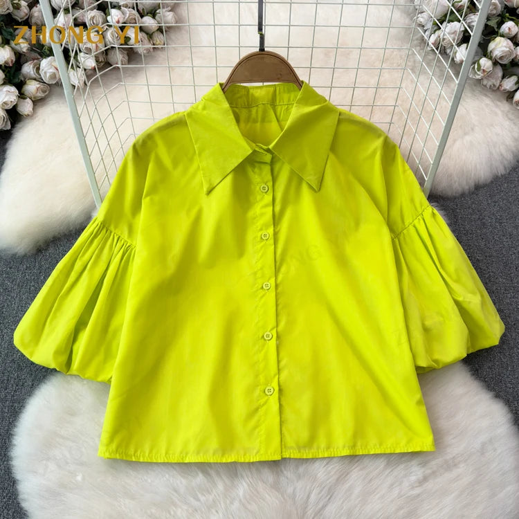 Clothing Wholesale Women 2024 New Fashion POLO Collar High Waist Slimming Button up ShirtDesign Sense Lantern Sleeve Short Shirt