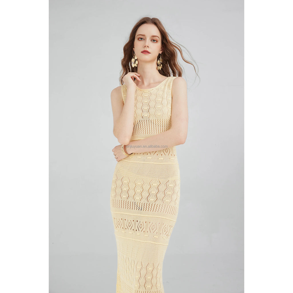 Bohemian Style Beach Maxi Dress Hollow Sleeveless O-neck Slim Bodycon Long Dress for Lady Women's Knitwear
