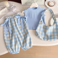 2025 Summer Children Outfit Fashion Hot Selling Sleeveless Top Bow Plaid Wide-leg Pants with Bag Girls Clothing Sets