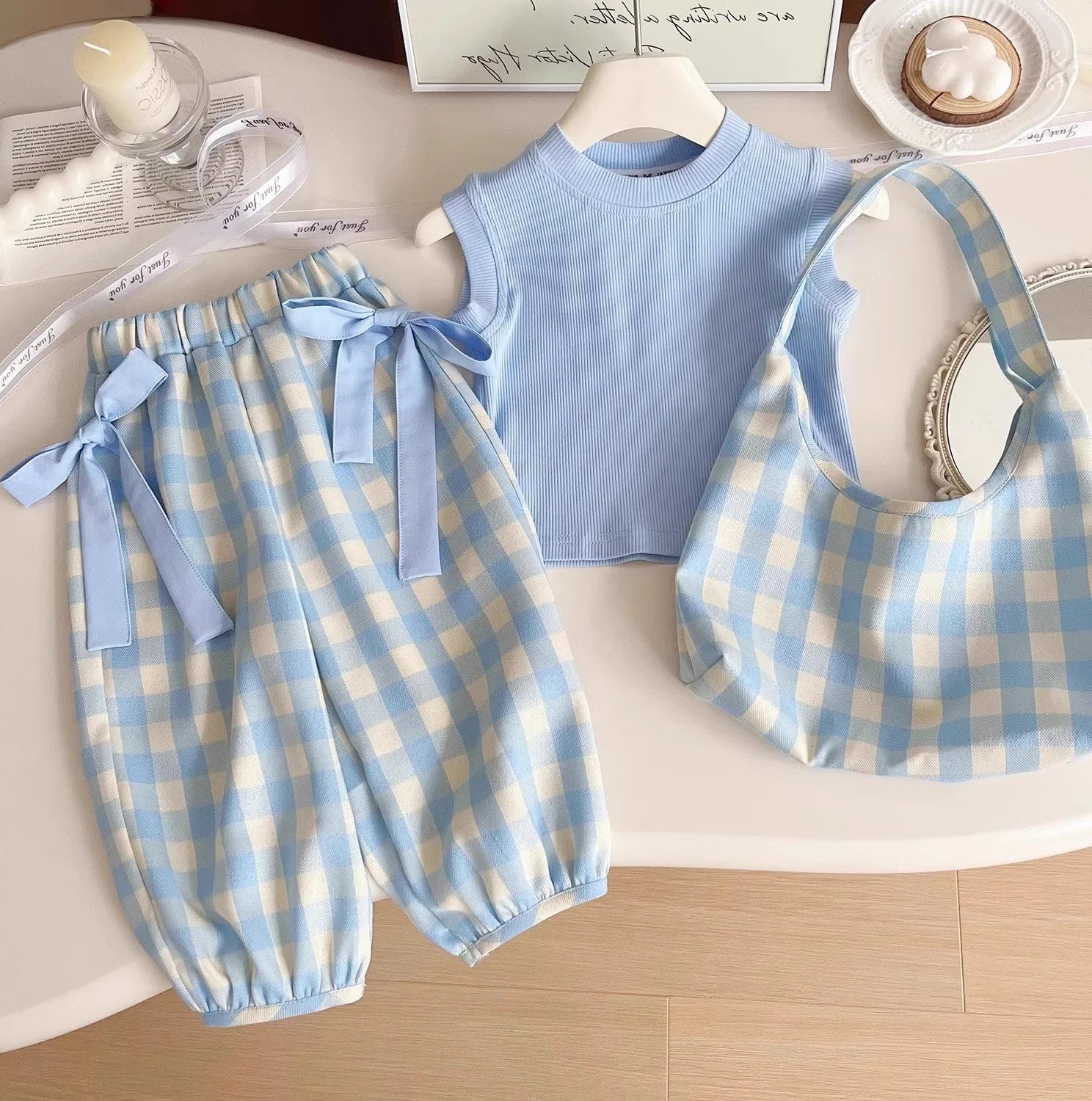 2025 Summer Children Outfit Fashion Hot Selling Sleeveless Top Bow Plaid Wide-leg Pants with Bag Girls Clothing Sets