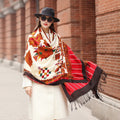 Red Luxury Geometric Design Merino Wool Extra Large Scarf Shawl Wrap for Women Winter Oversized Floral Blanket