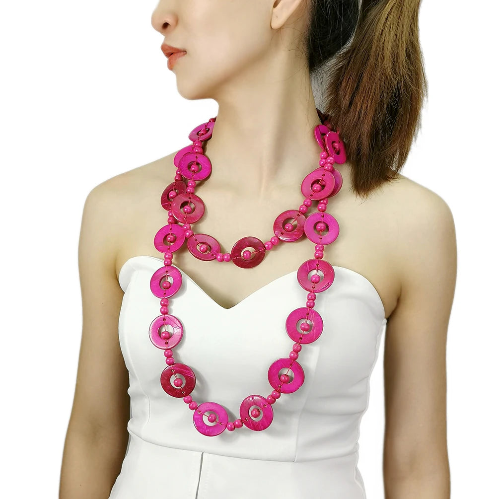 Ethnic Bohemian Summer Fashion Jewelry Handmade Long Necklace Coconut Shell Wood Beaded Necklace Stacked Wear Beach Jewelry