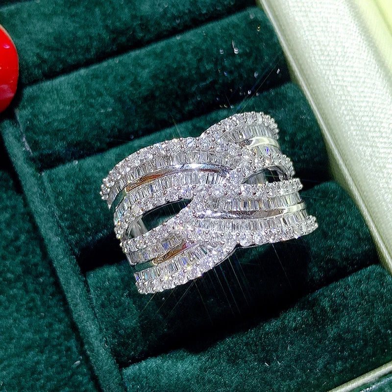 CAOSHI Luxury Bling Women's Wide Rings Full Paved Brilliant CZ Stone Gorgeous Bride Wedding Party Silver Plating Twist Rings