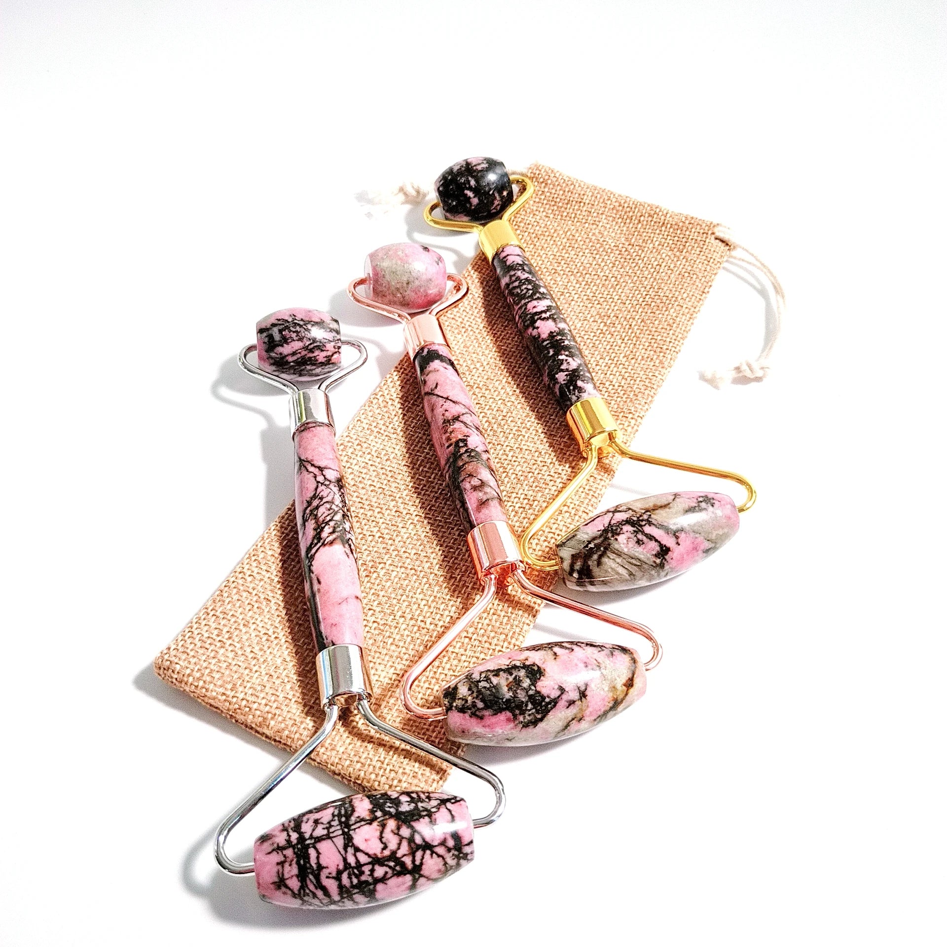 DIY Home use Roselyn Boutique Anti Aging Real Rhodonite jasper Jade Roller Gua Sha Skin Care Roller Tool Set