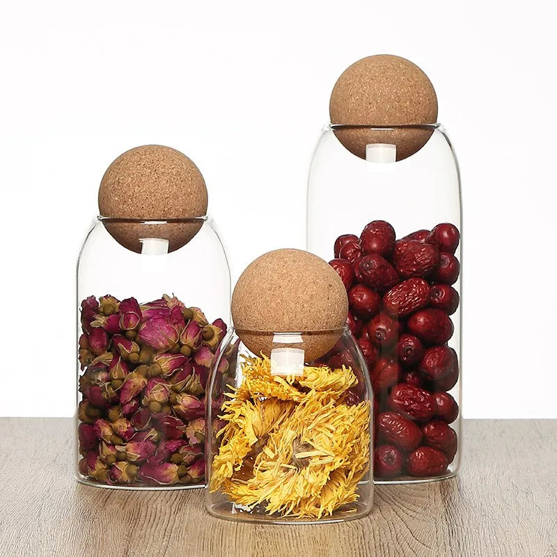 Modern Design Borosilicate Glass Jars 500ml 1000ml Wooden for Ball Cover for Storing Dry Fruits Tea Leaves Tangerine Peel for