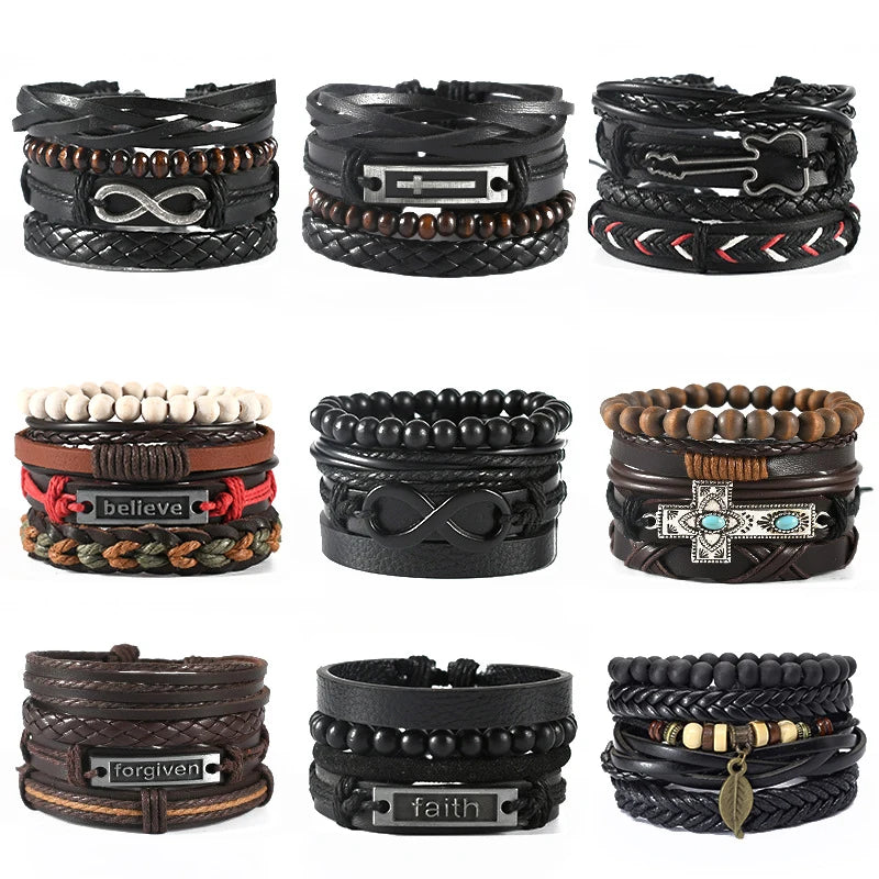BINSHUO 2022 Black Hemp Cords Braided Rope Wood Beads Handmade Engraved Multilayer Set Leather Cuff Wrap Bracelet for Men Women