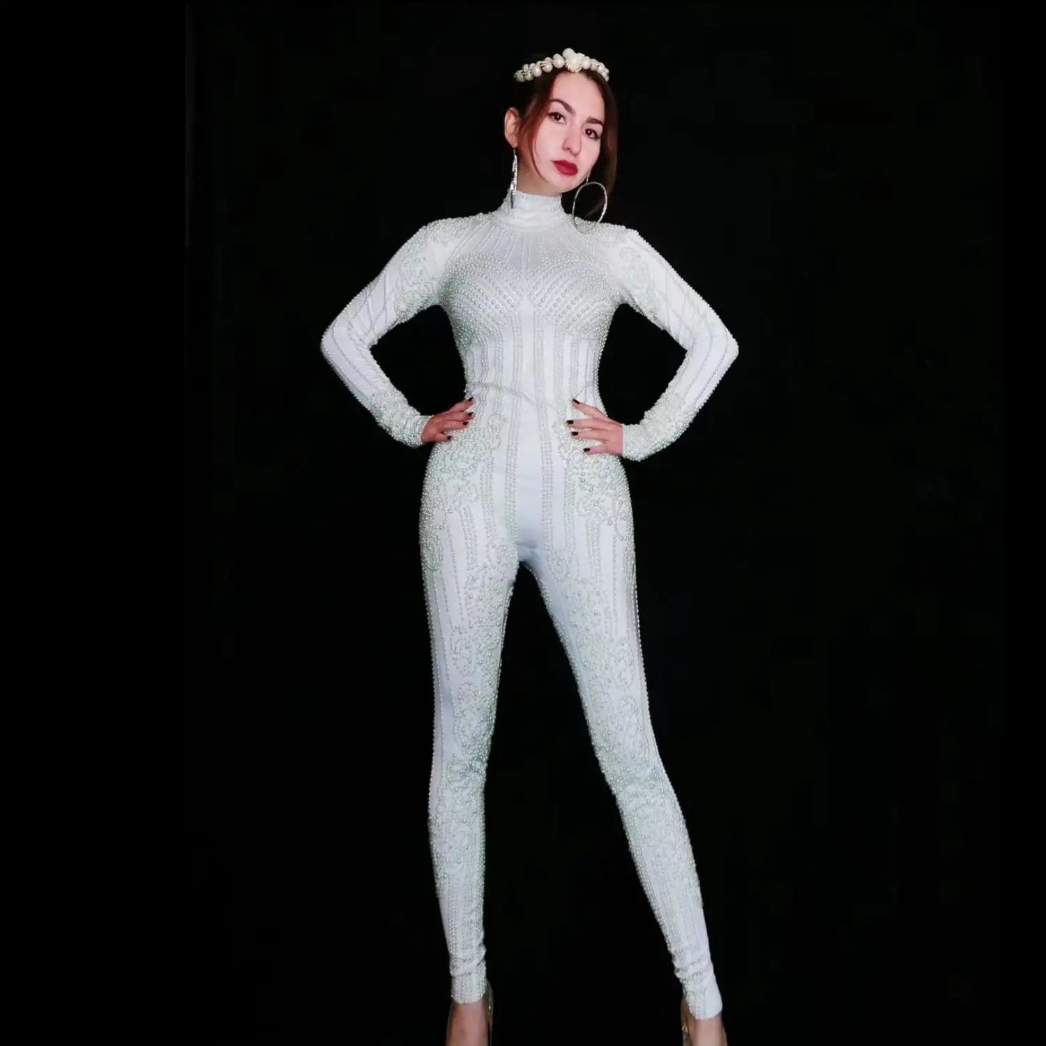 Elegant Long Sleeved White Pearls Rompers Singer Dance Leotard Stage Performance Bodysuits Plus Size Women Prom Party Jumpsuits