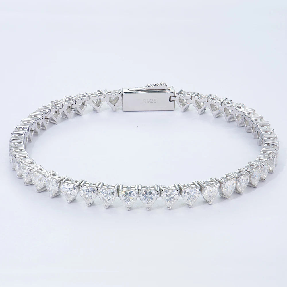 Trendy Jewelry Silver Bracelet Rhodium Plated 4*4mm Heart Shape D VVS1 Moissanite 3-prong Setting Tennis Link Chain for Women