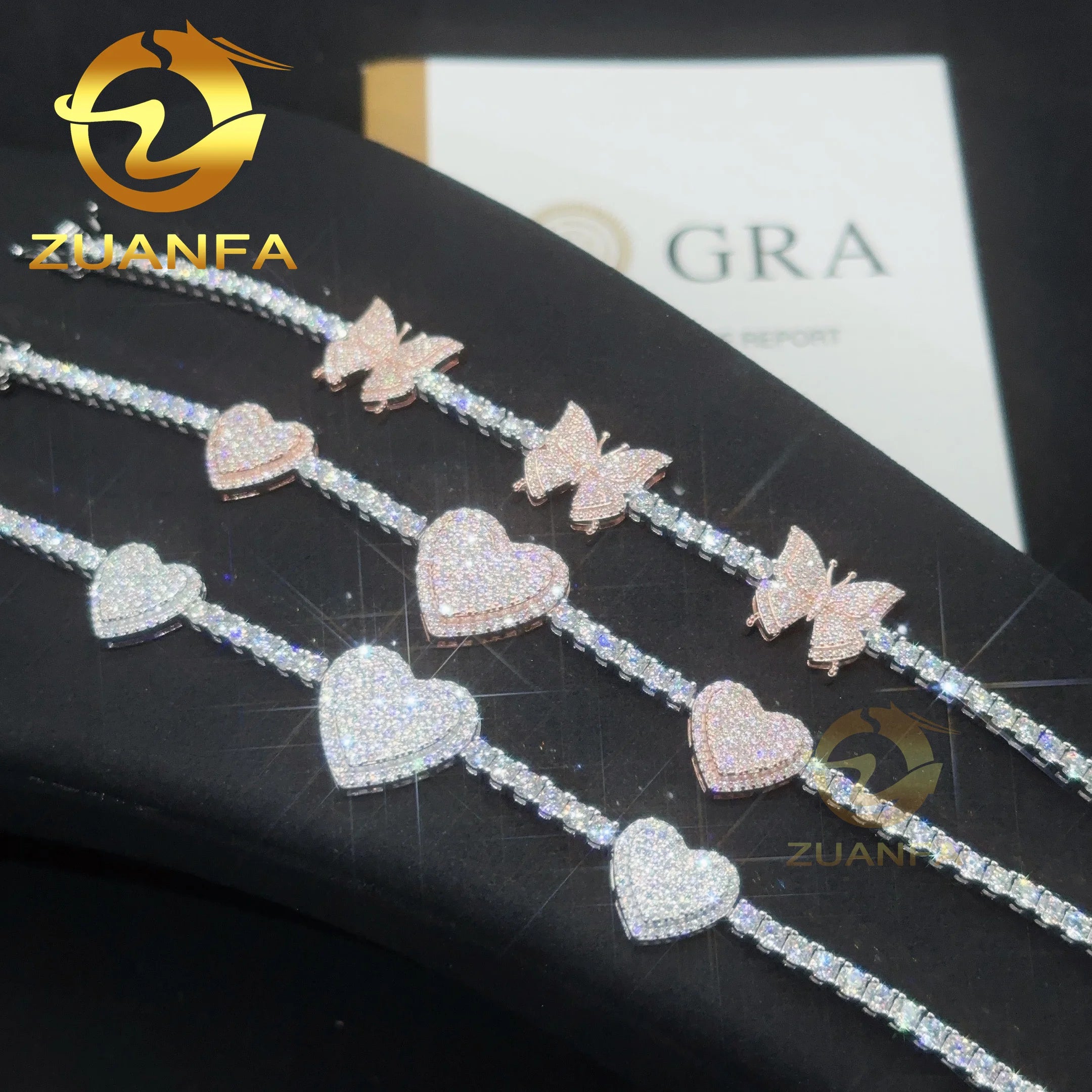 Iced Out Jewelry 3mm Moissanite Tennis Bracelet Heart Butterfly 925 Hip Hop Silver Bracelet VVS Moissanite Tennis Chain
