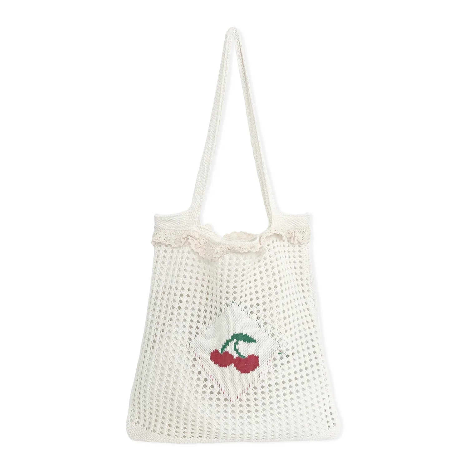 New Cute Sweet Strawberry Cherry Pear Pattern Lace Hollow Crochet Tote Beach Bag for Women Open Closure Embroidery for Winter