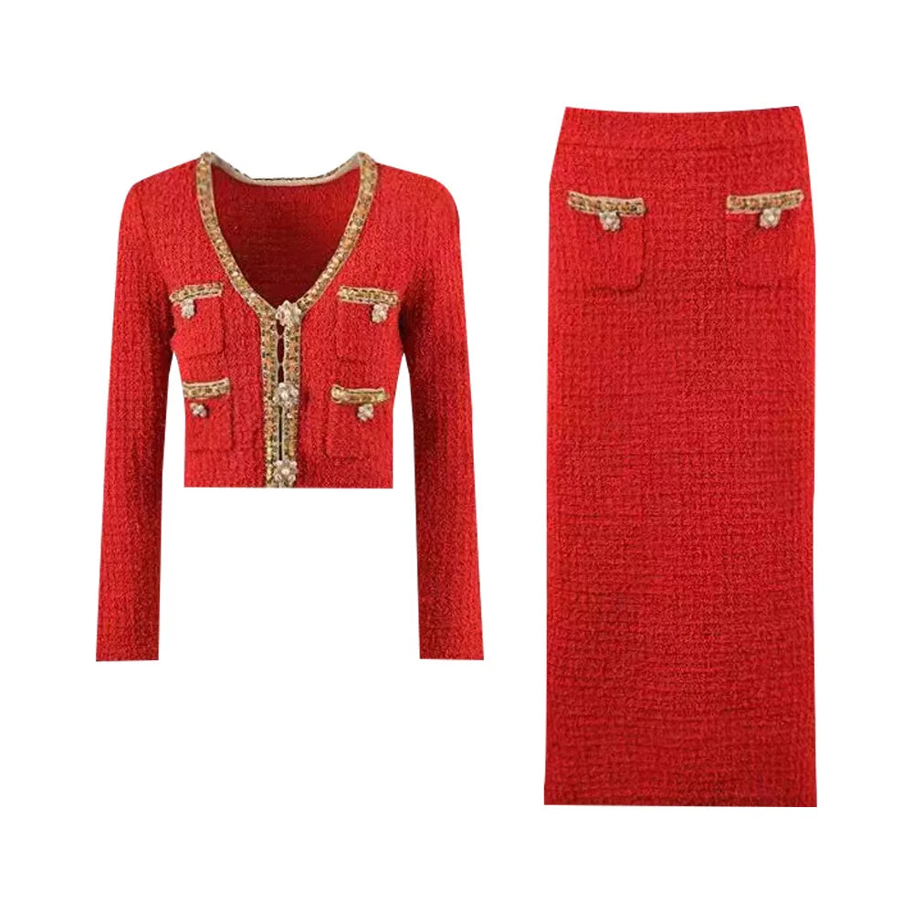 2025 New Arrivals Autumn Winter Fashion Sequins Beaded Cardigan With Midi Skirt Women Elegant Sweater Two-piece Set