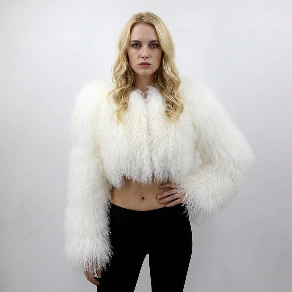 QC24025 Ladies Trendy Cropped Mongolian Lamb Fur Coat
