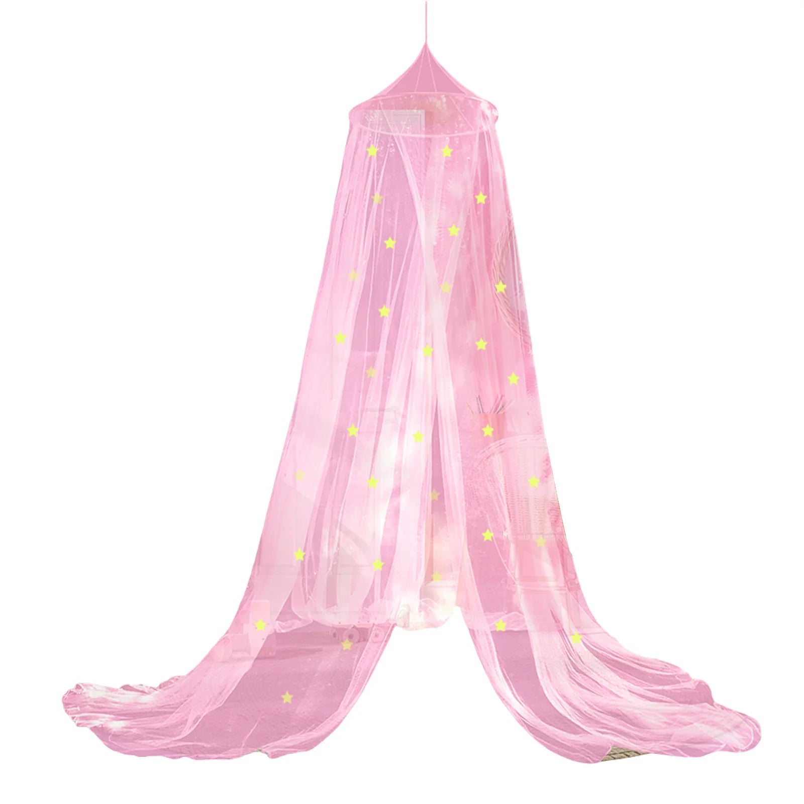 Pink Round Queen-Size Foldable Baby Mosquito Net Canopy with Luminous Stars for Outdoor Bed Room Use for Summer