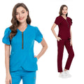 Elastic V-neck Zipped Slim-fit Nurse Uniforms Scrubs Set Suits Doctor Hospital Uniform Zip-up Top Straight Pants Scrubs Sets