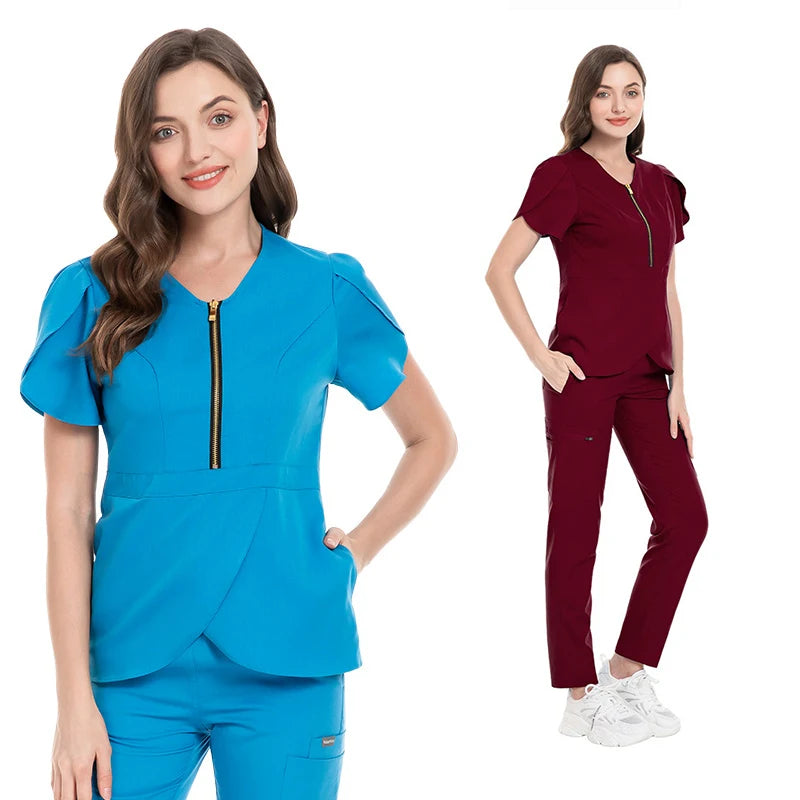 Elastic V-neck Zipped Slim-fit Nurse Uniforms Scrubs Set Suits Doctor Hospital Uniform Zip-up Top Straight Pants Scrubs Sets