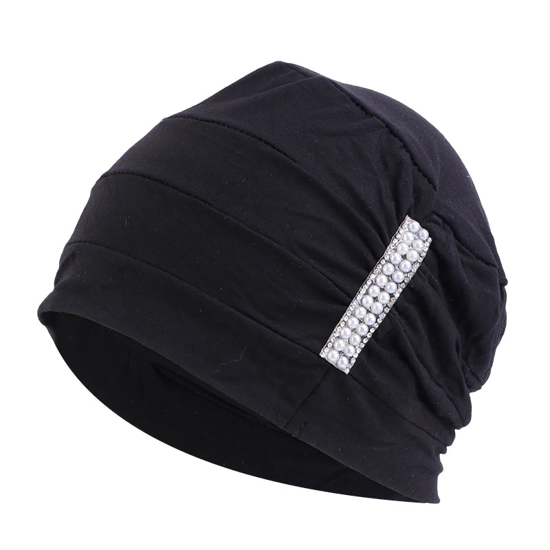 Wholesale Custom Logo Hair Accessories Autumn Cotton Fitted Hats Beanie Headscarf Turban Soft Diamond Turbans for Women Men
