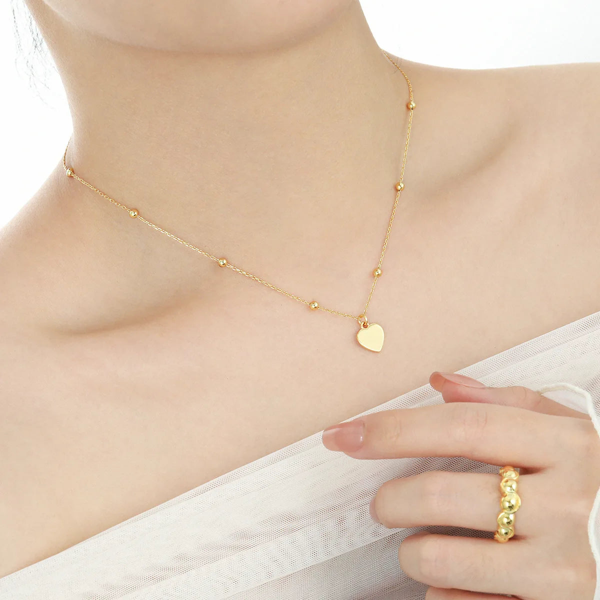 Fashion Jewelry 925 Sterling Silver Heart Pendant Necklace Jewelry 18K Gold Plated Beads Chain Clavicle Necklace for Women